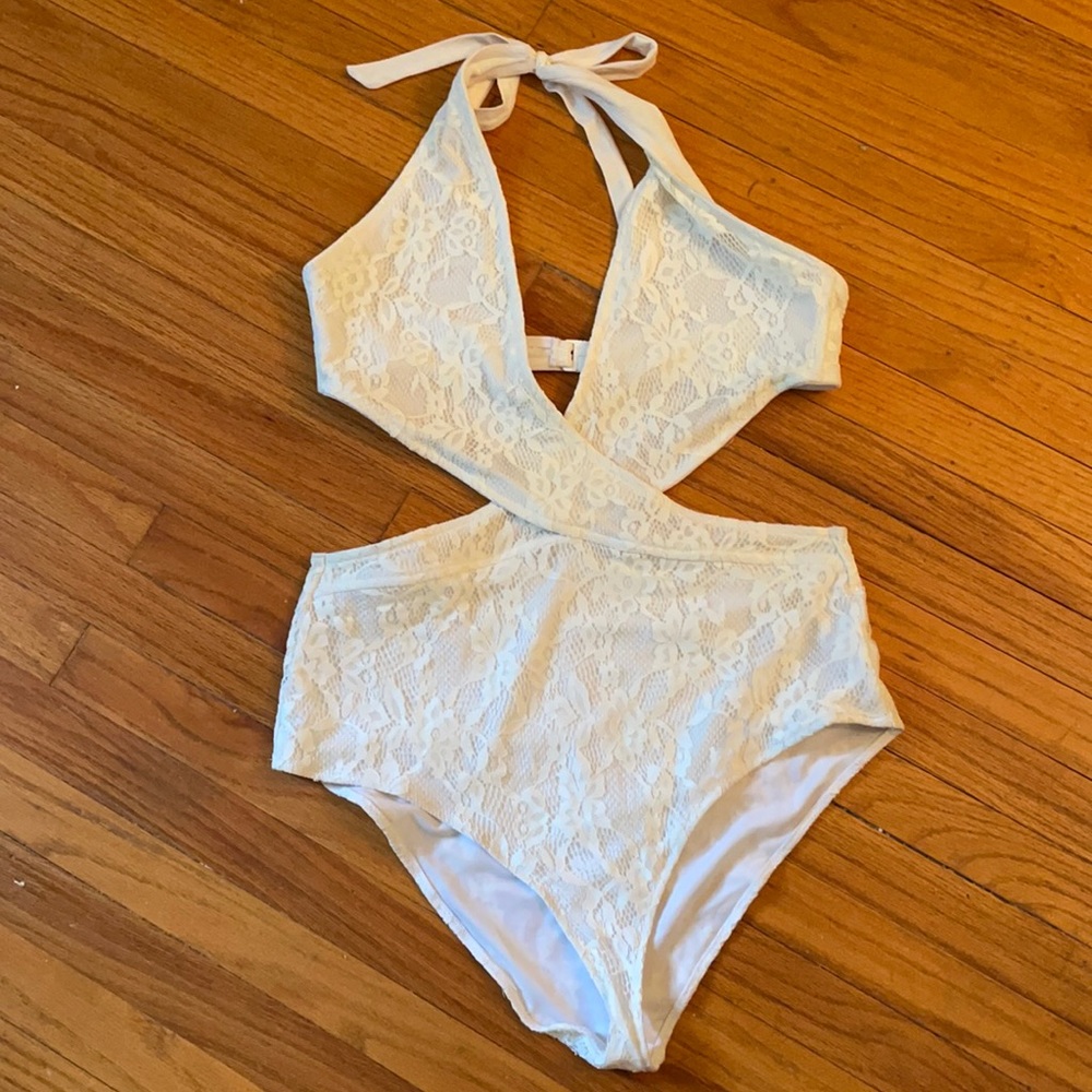 ASOS White Lace Cut Out One Piece Bathing Suit